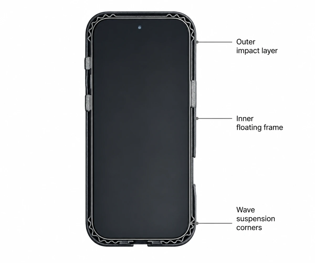 Cut-away view showing the outer impact layer, inner floating frame and wave suspension corners