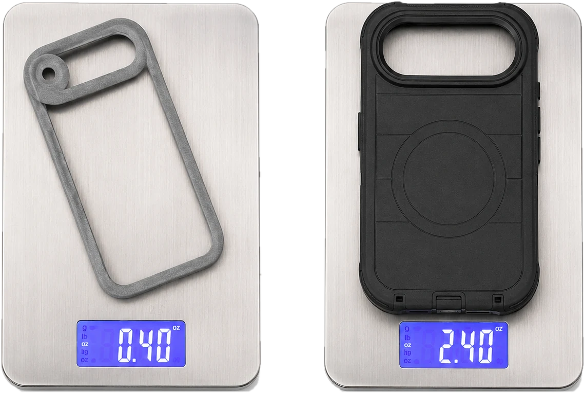 A1 Case reading 0.40 oz on a scale beside a leading rugged case reading 2.40 oz